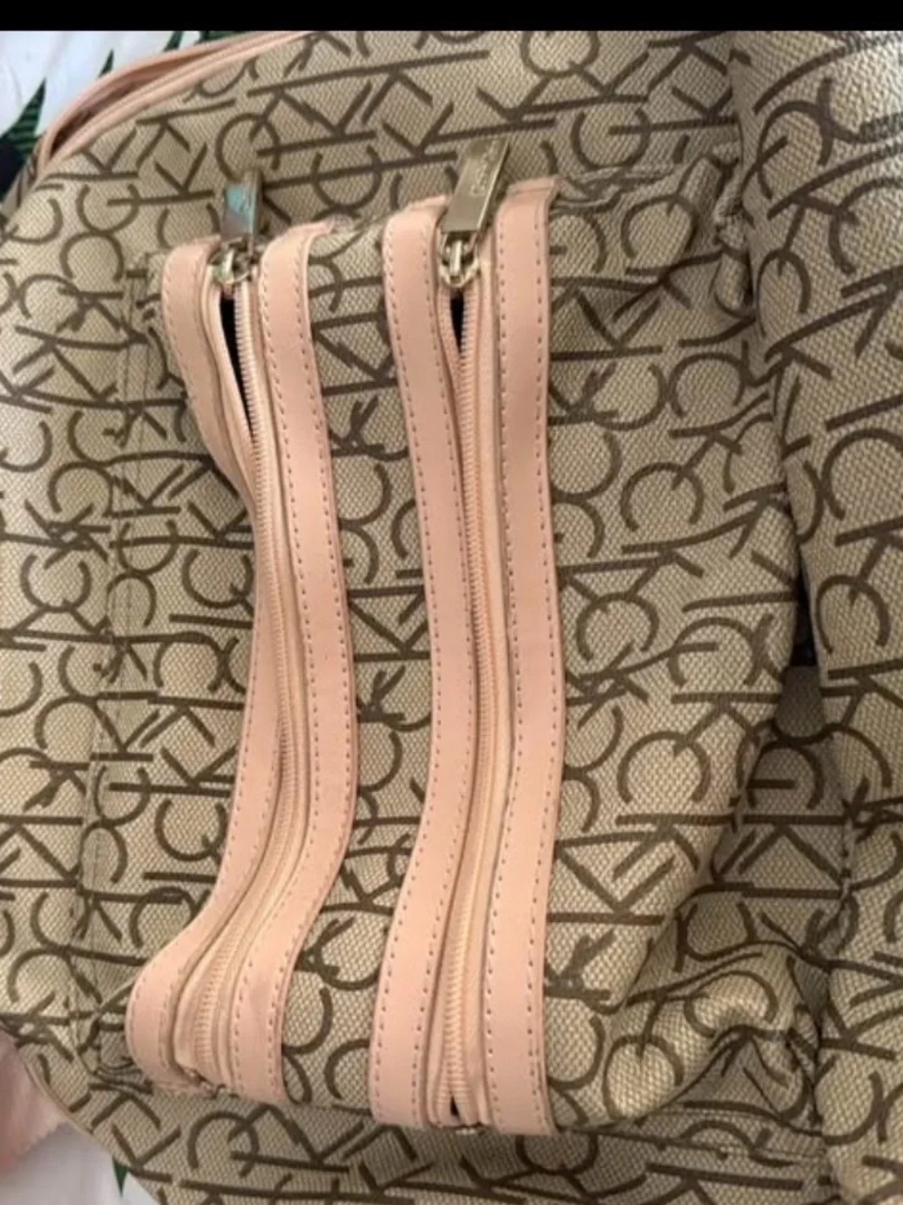 Calvin Klein Beige Logo-Print Backpack with Pink Trim